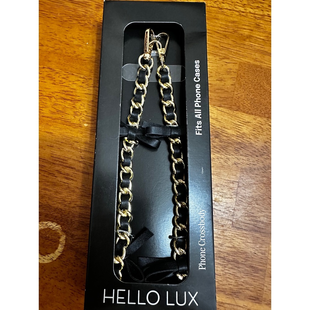 Hello Lux Universal Phone Crossbody Strap Gold Chain Black Faux Leather Bows